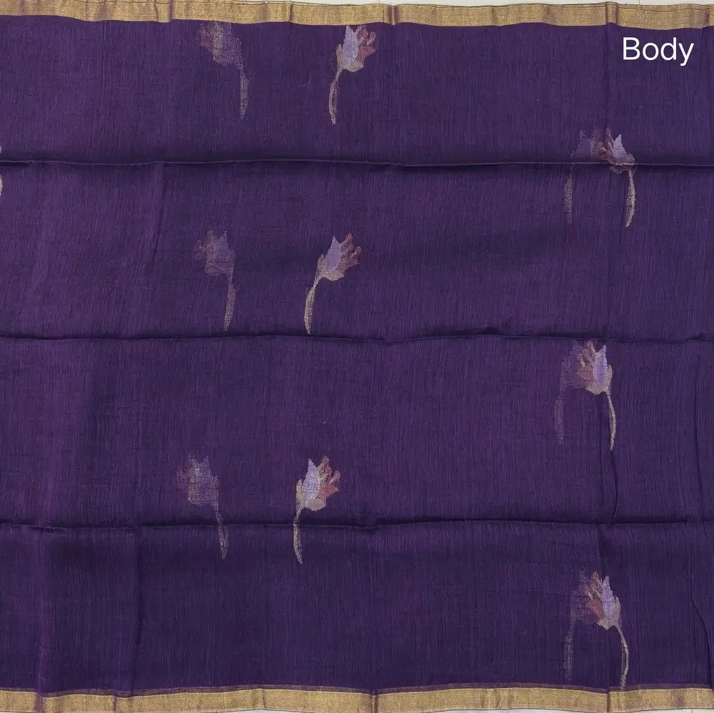 Purple pure linen jamdani woven saree,with gold tissue double side borders,striped tissue pallu with tassles, plain running blouse with borders.(DRY CLEAN RECOMMENDED ). NS114