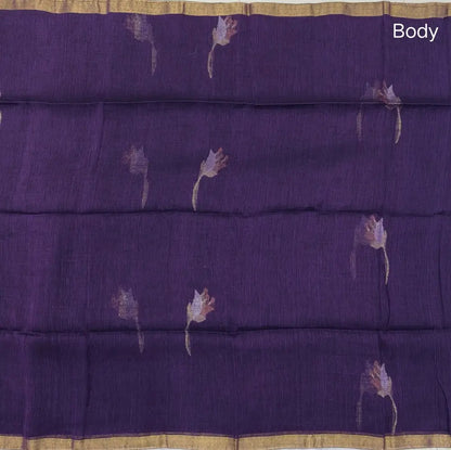 Purple pure linen jamdani woven saree,with gold tissue double side borders,striped tissue pallu with tassles, plain running blouse with borders.(DRY CLEAN RECOMMENDED ). NS114