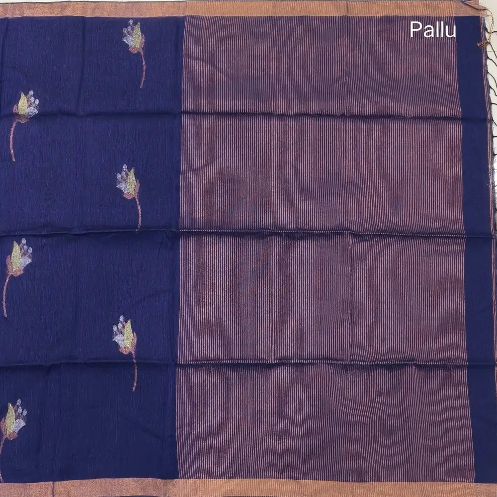 Violet pure linen jamdani woven saree, with copper tissue double side borders,striped tissue pallu with tassles, plain running blouse with borders.(DRY CLEAN RECOMMENDED ). NS112