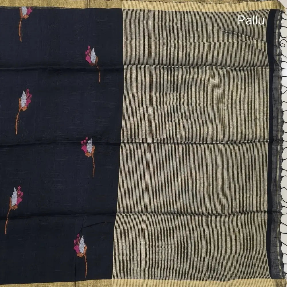 Black pure linen jamdani woven saree, with gold tissue double side borders,striped tissue pallu with tassles, plain running blouse with borders.(DRY CLEAN RECOMMENDED ). NS113