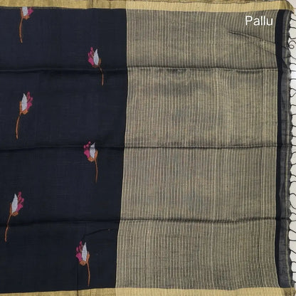 Black pure linen jamdani woven saree, with gold tissue double side borders,striped tissue pallu with tassles, plain running blouse with borders.(DRY CLEAN RECOMMENDED ). NS113