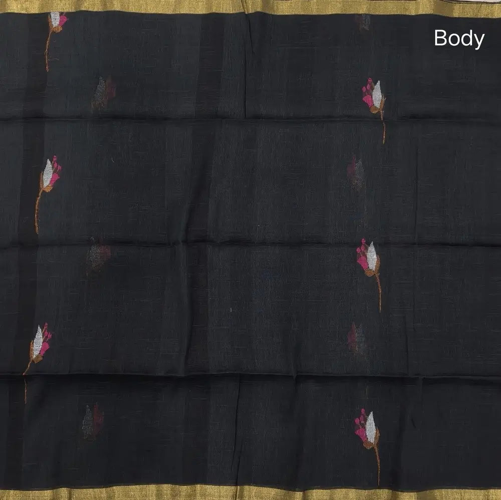 Black pure linen jamdani woven saree, with gold tissue double side borders,striped tissue pallu with tassles, plain running blouse with borders.(DRY CLEAN RECOMMENDED ). NS113