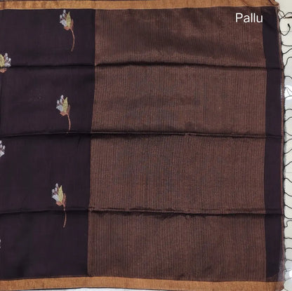 Coffee brown pure linen jamdani woven saree, with copper tissue double side borders,striped tissue pallu with tassles, plain running blouse with borders.(DRY CLEAN RECOMMENDED ). NS115