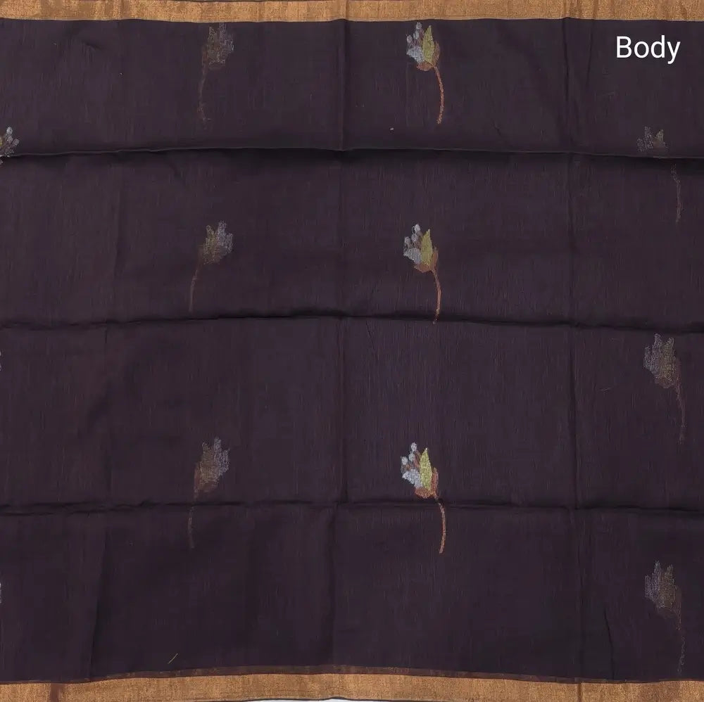 Coffee brown pure linen jamdani woven saree, with copper tissue double side borders,striped tissue pallu with tassles, plain running blouse with borders.(DRY CLEAN RECOMMENDED ). NS115