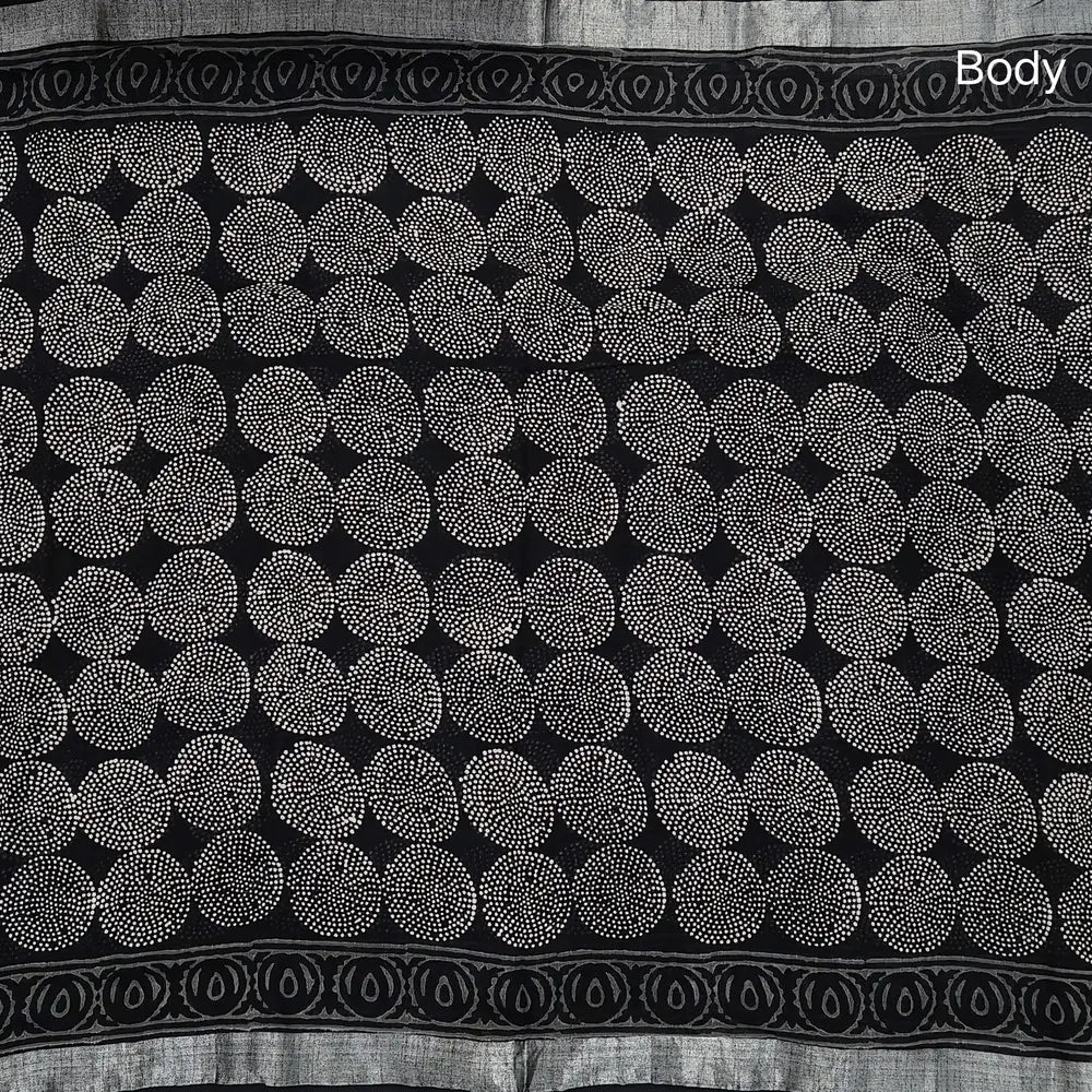 Black block printed linen cotton saree with double side silver zari borders (lightweight,soft) printed pallu with silver zari stripes, plain running blouse with borders. NS111