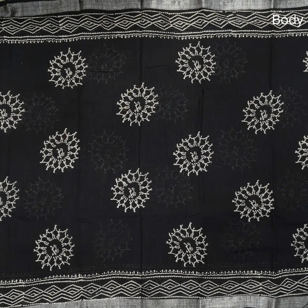 Black block printed linen cotton saree with double side silver zari borders (lightweight,soft) printed pallu with silver zari stripes, plain running blouse with borders. NS108