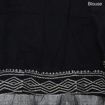 Black block printed linen cotton saree with double side silver zari borders (lightweight,soft) printed pallu with silver zari stripes, plain running blouse with borders. NS108