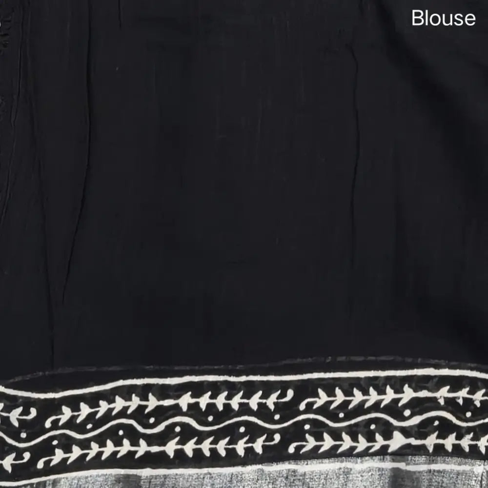 Black block printed linen cotton saree with double side silver zari borders (lightweight,soft) printed pallu with silver zari stripes, plain running blouse with borders. NS109