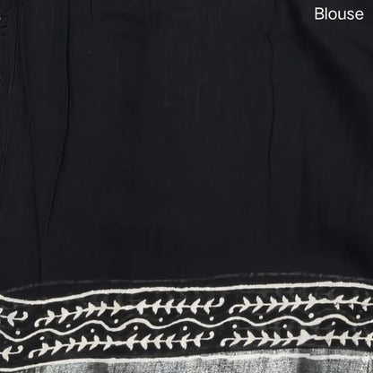 Black block printed linen cotton saree with double side silver zari borders (lightweight,soft) printed pallu with silver zari stripes, plain running blouse with borders. NS109