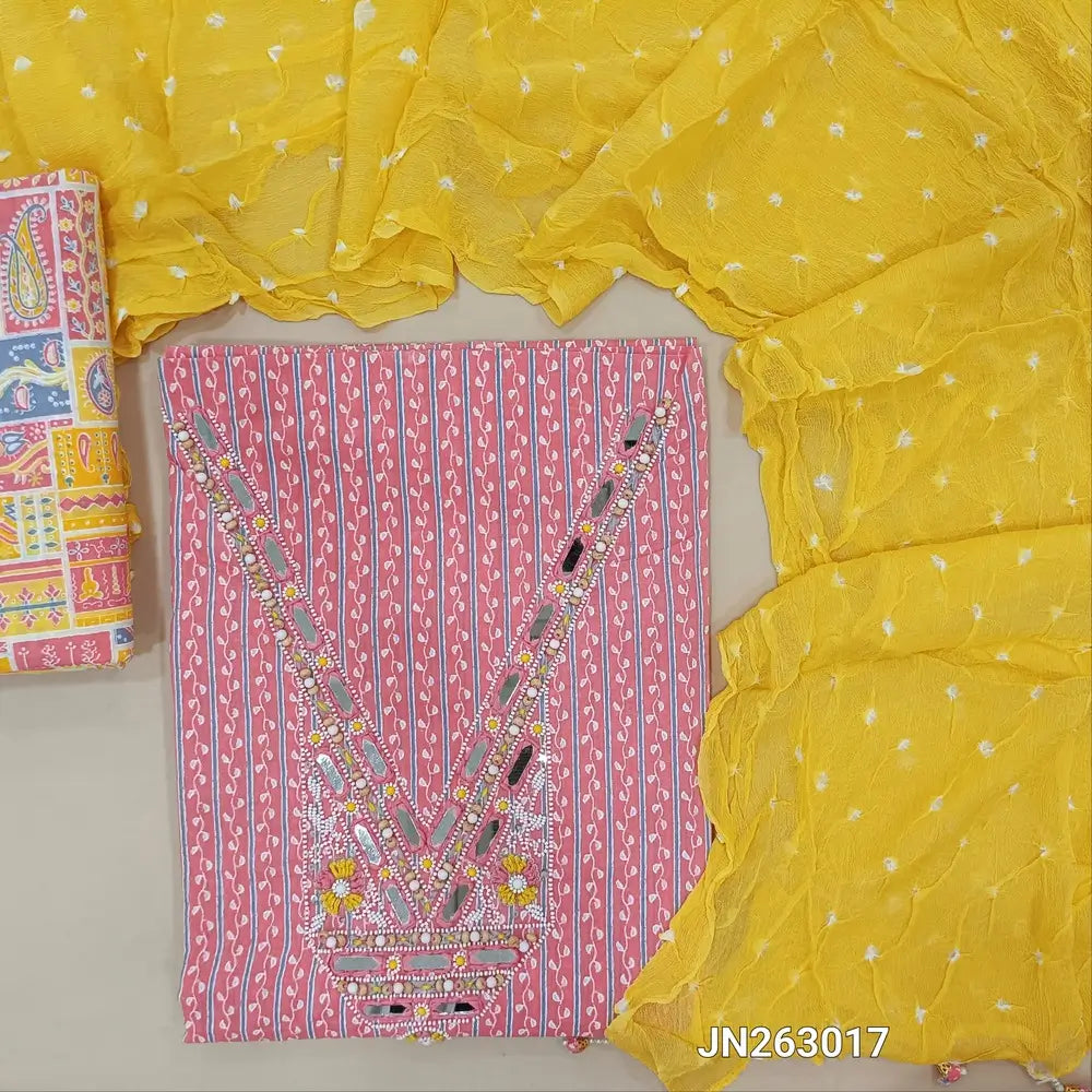Designer pink block printed pure cotton unstitched salwar material (lining optional)thread embroidery,sugar bead &real mirror work on yoke,block printed cotton bottom,bandhini dye & dyed pure chiffon short width dupatta. JN263017
