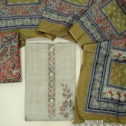 Beige pure soft cotton unstitched salwar material,embroidery, applique patch work on yoke,floral applique work on front(Brick red)(lining needed)printed cotton bottom, printed full length mul cotton dupatta. JN261918