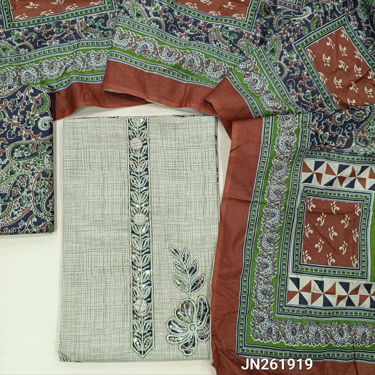 Beige pure soft cotton unstitched salwar material,embroidery, applique patch work on yoke,floral applique work on front(dark blue)(lining needed)printed cotton bottom, printed full length mul cotton dupatta. JN261919