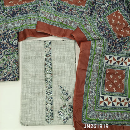 Beige pure soft cotton unstitched salwar material,embroidery, applique patch work on yoke,floral applique work on front(dark blue)(lining needed)printed cotton bottom, printed full length mul cotton dupatta. JN261919