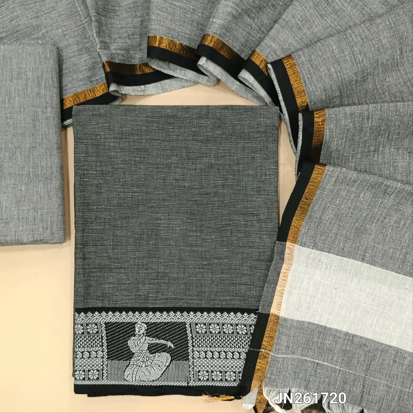 Dark grey handloom cotton unstitched salwar material (lining needed)weaving border on daman, grey cotton bottom, handloom cotton dupatta with gold tissue borders. JN261720