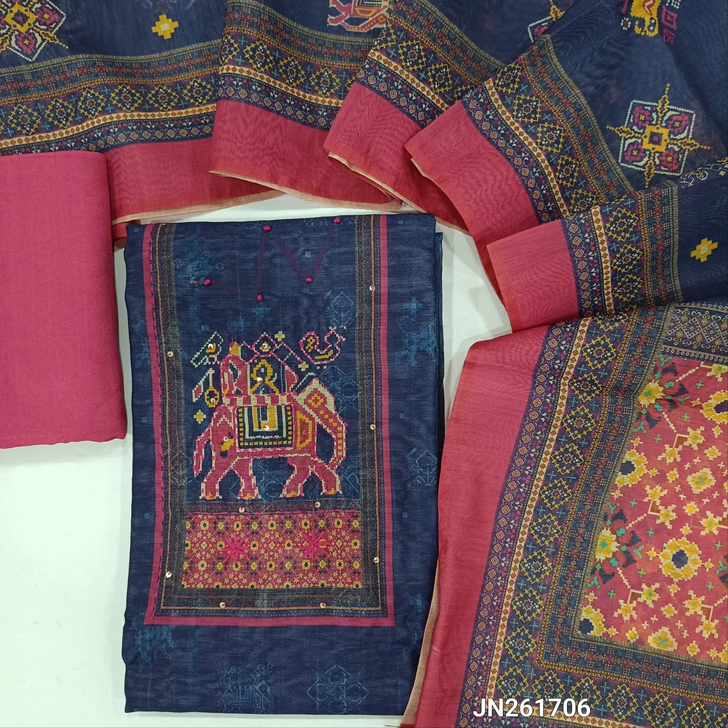 Dark blue digital printed silk cotton unstitched salwar material(thin,lining needed)kantha stitch on yoke,patola printed all over,santoon bottom, digital patola printed full length soft silk cotton dupatta. JN261706