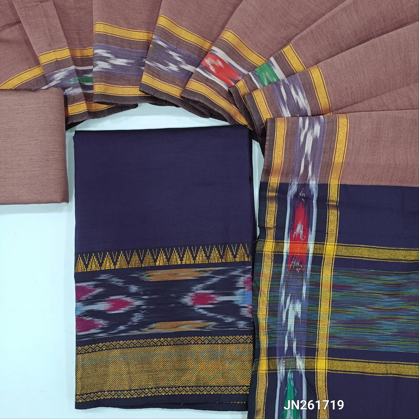 Dark blue Silk cotton unstitched salwar material,ikat wovan borders on daman,(Lining Needed) silk cotton Bottom,silk cotton dupatta with ikat borders on pallu. JN261719