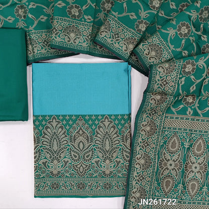 Pastel blue premium silk cotton unstitched salwar material, brocade weaving on daman,(Lining needed)Turquoise green  silk cotton bottom, brocade weaving on silk cotton full length dupatta with rich pallu and tassles. JN261722
