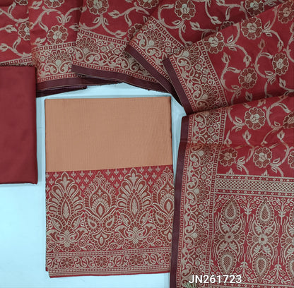 Pastel pink  premium silk cotton unstitched salwar material, brocade weaving on daman,(Lining needed)reddish maroon silk cotton bottom, brocade weaving on silk cotton full length dupatta with rich pallu and tassles. JN261723