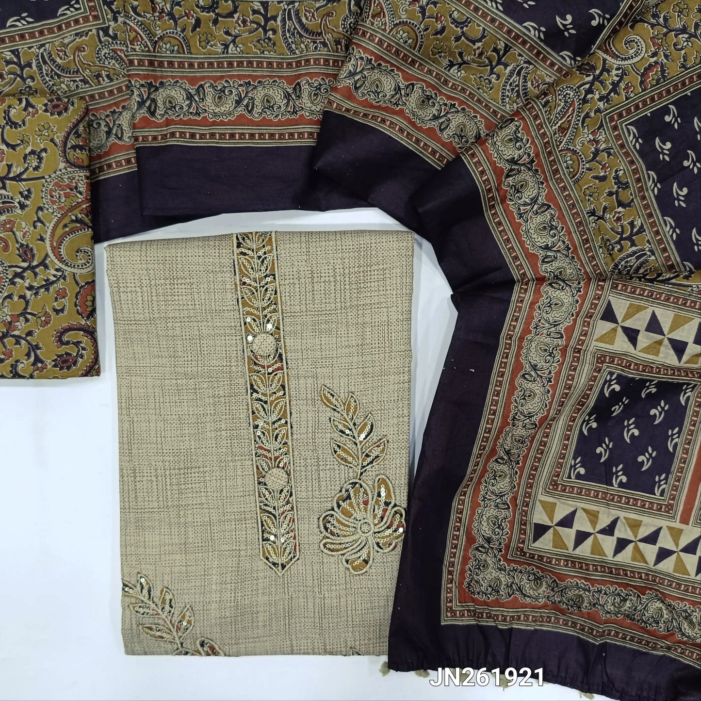 Beige pure soft cotton unstitched salwar material,embroidery, applique patch work on yoke,floral applique work on front(mehandhi yellow)(lining needed)printed cotton bottom, printed full length mul cotton dupatta. JN261921