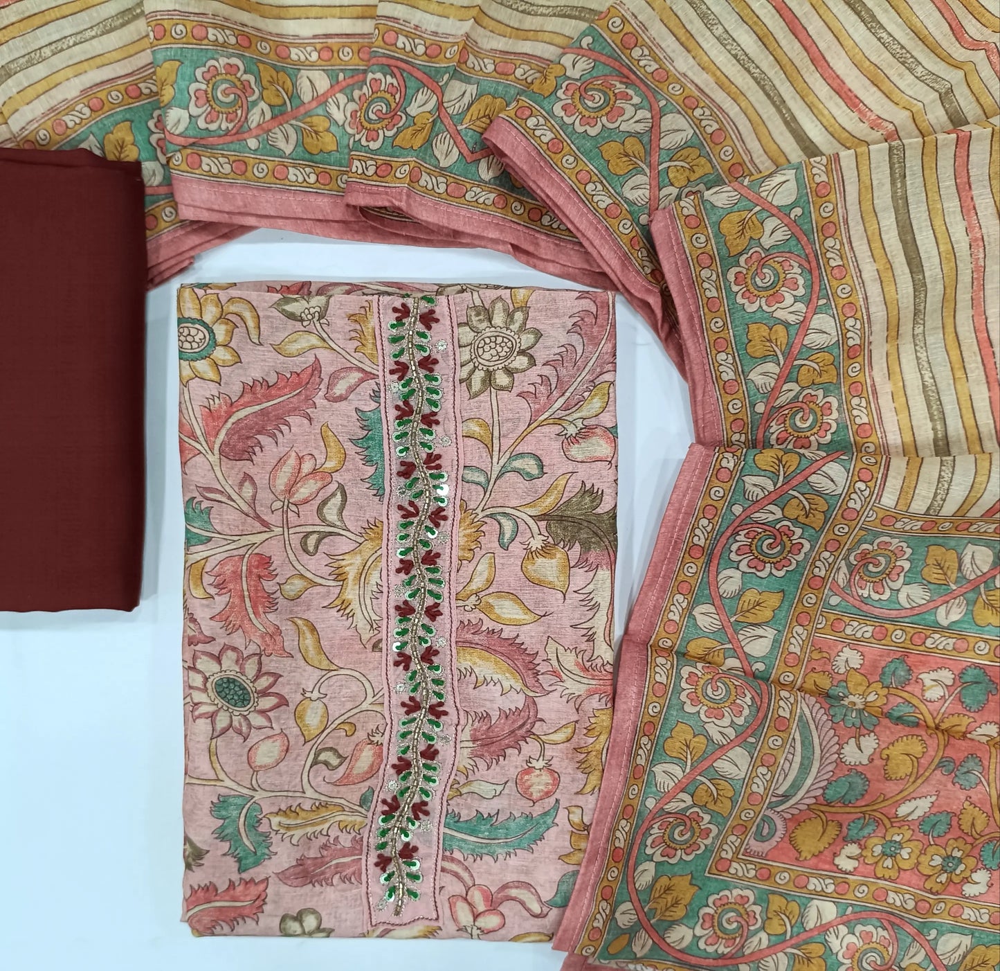 Designer pastel pink floral printed silk cotton unstitched salwar material (soft,lining needed) hand embroidery work on yoke,maroon bottom, digital printed premium silk cotton dupatta with kalamkari pallu.JN262120