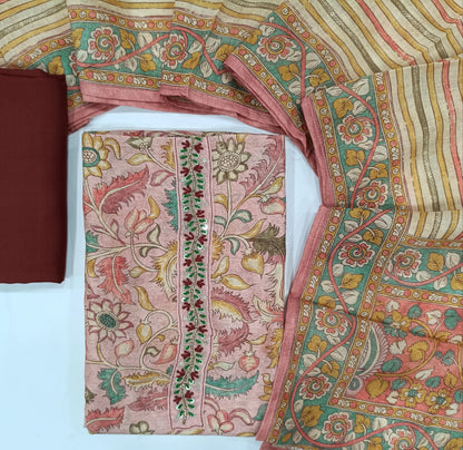 Designer pastel pink floral printed silk cotton unstitched salwar material (soft,lining needed) hand embroidery work on yoke,maroon bottom, digital printed premium silk cotton dupatta with kalamkari pallu.JN262120