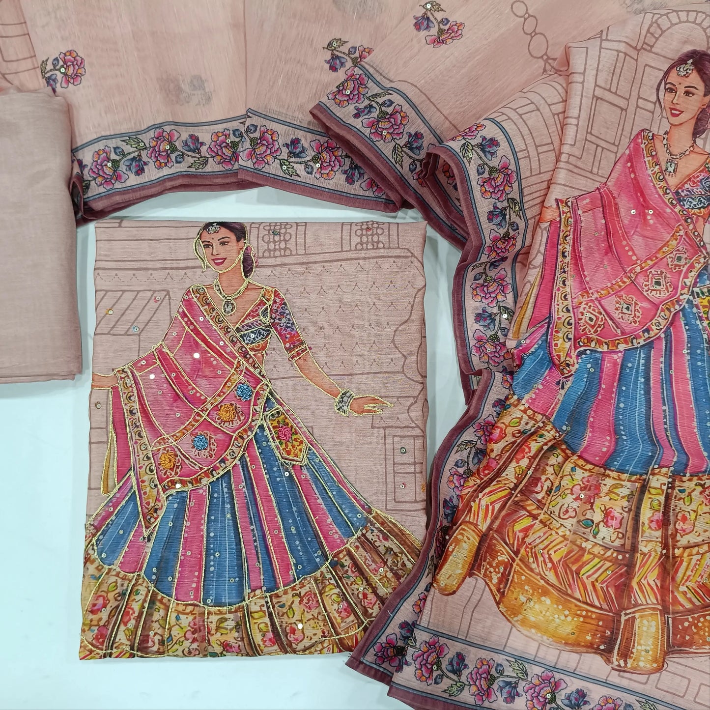 Pastel Pink digital printed silk cotton unstitched salwar material(lining needed) zari detailing,digital printed ,sequins & zari work on daman, matching santoon bottom, digital printed silk cotton dupatta.JN262108