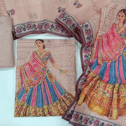 Pastel Pink digital printed silk cotton unstitched salwar material(lining needed) zari detailing,digital printed ,sequins & zari work on daman, matching santoon bottom, digital printed silk cotton dupatta.JN262108