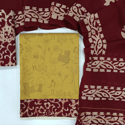 Mehandhi Yellow warli embroidered cotton unstitched salwar material (lining needed) self embroidery all over, batik dyed cotton bottom, wax batik fancy silk cotton dupatta.JN262117