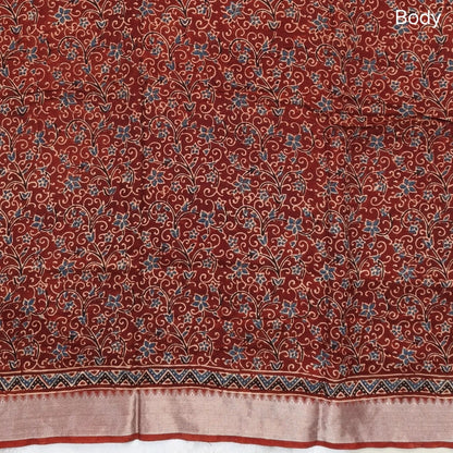 Reddish maroon ajrak hand block printed pure dola silk saree, benarasi zari woven double side borders, hand block printed pallu, running blouse with borders.(DRY CLEAN RECOMMENDED , MILD STAINS AND DYES ARE NOT DEFECTS). NS100