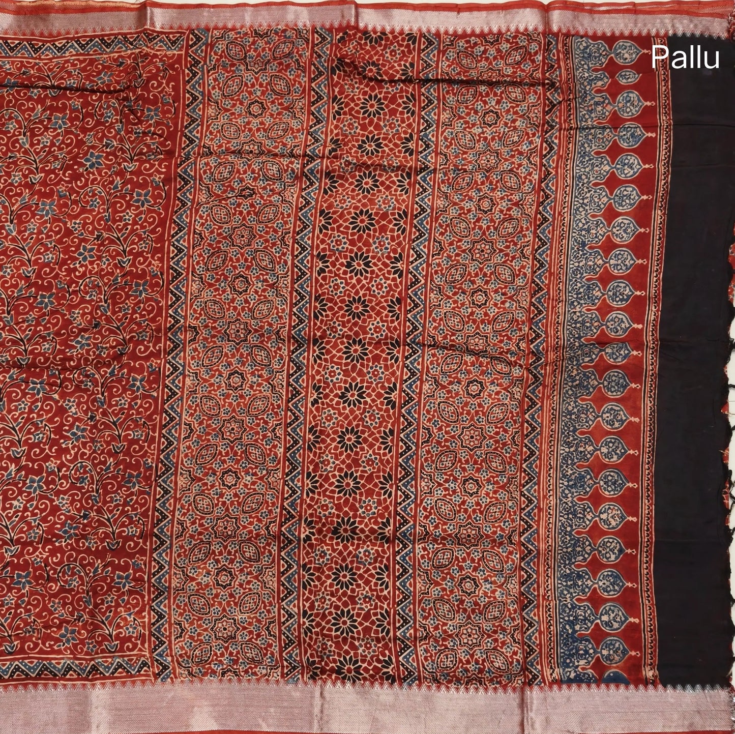Reddish maroon ajrak hand block printed pure dola silk saree, benarasi zari woven double side borders, hand block printed pallu, running blouse with borders.(DRY CLEAN RECOMMENDED , MILD STAINS AND DYES ARE NOT DEFECTS). NS100