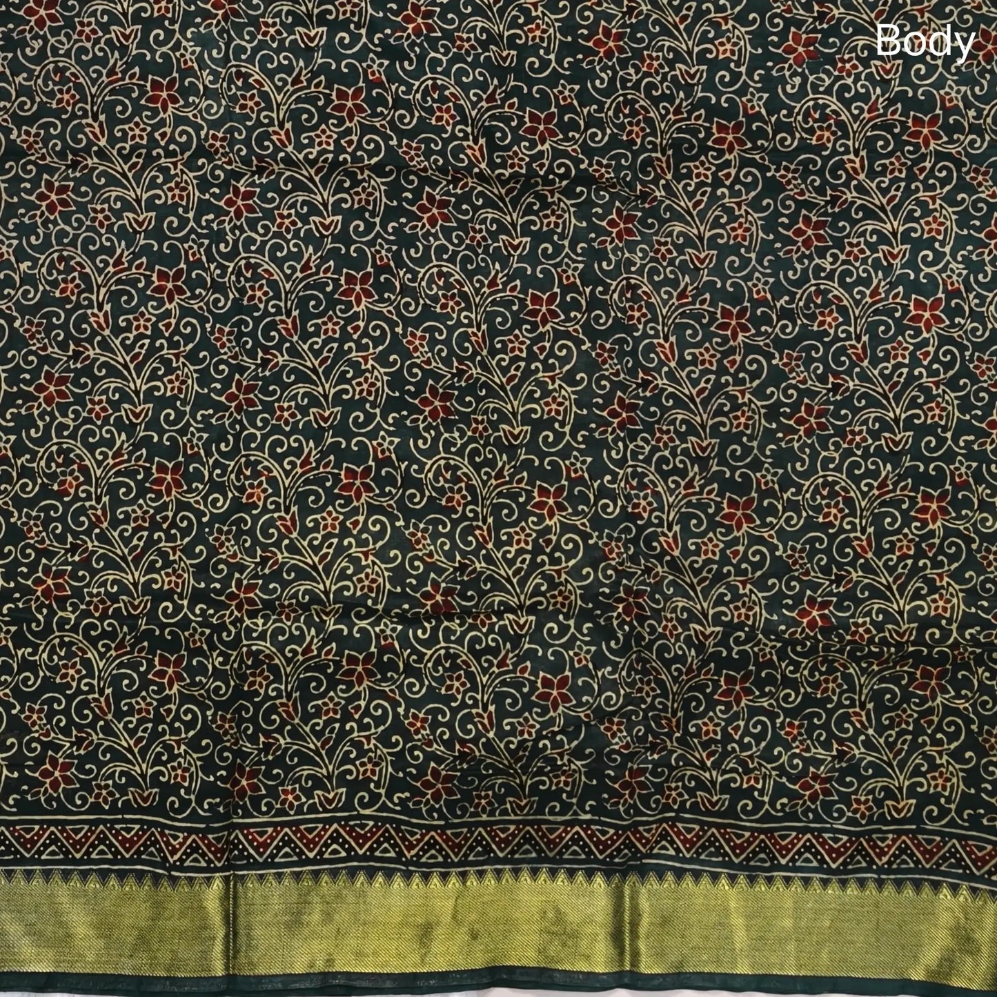 Dark green ajrak hand block printed pure dola silk saree, benarasi zari woven double side borders, hand block printed pallu, running blouse with borders.(DRY CLEAN RECOMMENDED , MILD STAINS AND DYES ARE NOT DEFECTS). NS103