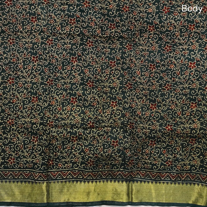 Dark green ajrak hand block printed pure dola silk saree, benarasi zari woven double side borders, hand block printed pallu, running blouse with borders.(DRY CLEAN RECOMMENDED , MILD STAINS AND DYES ARE NOT DEFECTS). NS103