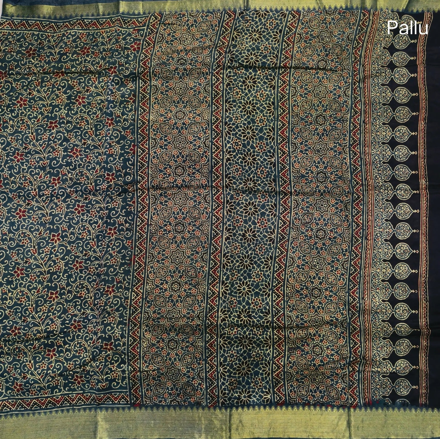 Dark green ajrak hand block printed pure dola silk saree, benarasi zari woven double side borders, hand block printed pallu, running blouse with borders.(DRY CLEAN RECOMMENDED , MILD STAINS AND DYES ARE NOT DEFECTS). NS103