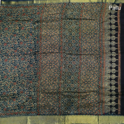 Dark green ajrak hand block printed pure dola silk saree, benarasi zari woven double side borders, hand block printed pallu, running blouse with borders.(DRY CLEAN RECOMMENDED , MILD STAINS AND DYES ARE NOT DEFECTS). NS103