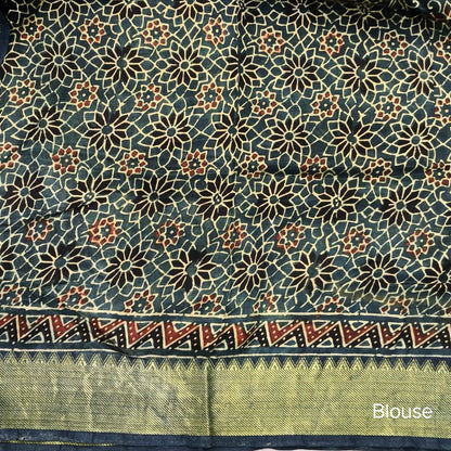 Dark green ajrak hand block printed pure dola silk saree, benarasi zari woven double side borders, hand block printed pallu, running blouse with borders.(DRY CLEAN RECOMMENDED , MILD STAINS AND DYES ARE NOT DEFECTS). NS103