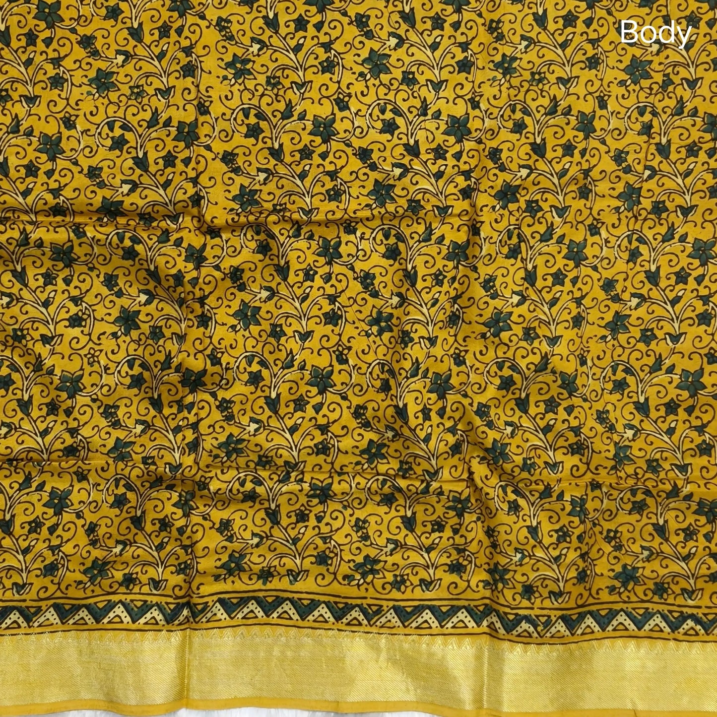 Mehandhi yellow ajrak hand block printed pure dola silk saree, benarasi zari woven double side borders, hand block printed pallu, running blouse with borders.(DRY CLEAN RECOMMENDED , MILD STAINS AND DYES ARE NOT DEFECTS). NS99