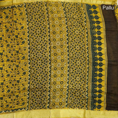 Mehandhi yellow ajrak hand block printed pure dola silk saree, benarasi zari woven double side borders, hand block printed pallu, running blouse with borders.(DRY CLEAN RECOMMENDED , MILD STAINS AND DYES ARE NOT DEFECTS). NS99