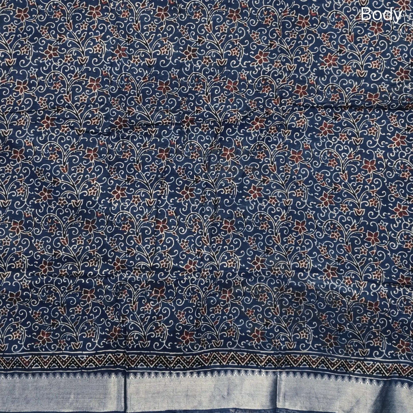 Indigo blue ajrak hand block printed pure dola silk saree, benarasi zari woven double side borders, hand block printed pallu, running blouse with borders.(DRY CLEAN RECOMMENDED  , MILD STAINS AND DYES ARE NOT DEFECTS). NS101