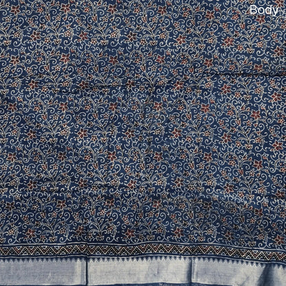 Indigo blue ajrak hand block printed pure dola silk saree, benarasi zari woven double side borders, hand block printed pallu, running blouse with borders.(DRY CLEAN RECOMMENDED  , MILD STAINS AND DYES ARE NOT DEFECTS). NS101