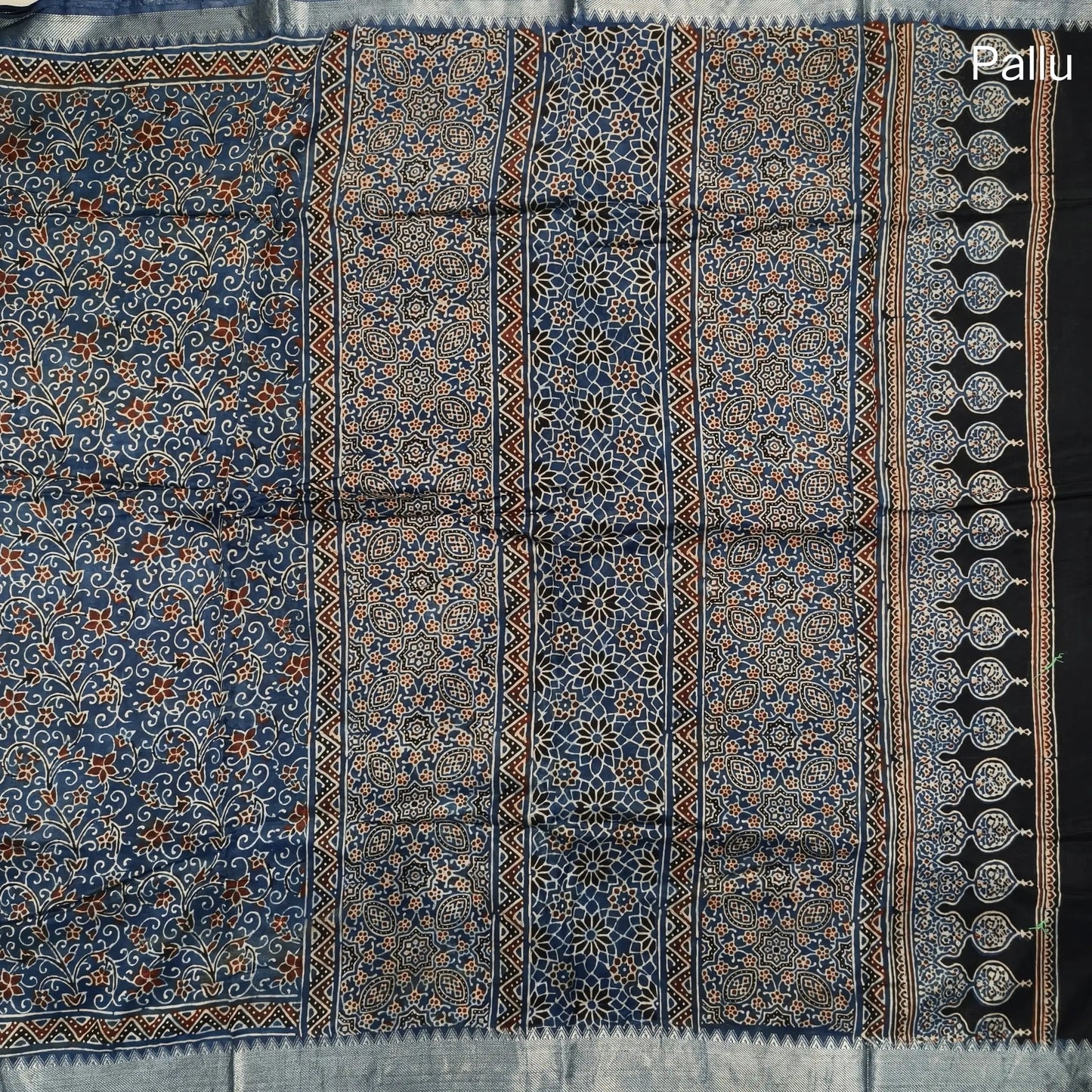 Indigo blue ajrak hand block printed pure dola silk saree, benarasi zari woven double side borders, hand block printed pallu, running blouse with borders.(DRY CLEAN RECOMMENDED  , MILD STAINS AND DYES ARE NOT DEFECTS). NS101