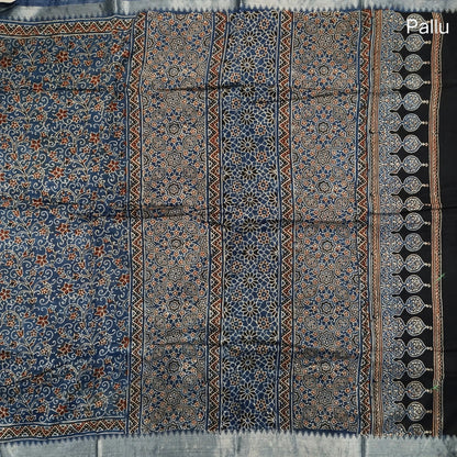 Indigo blue ajrak hand block printed pure dola silk saree, benarasi zari woven double side borders, hand block printed pallu, running blouse with borders.(DRY CLEAN RECOMMENDED  , MILD STAINS AND DYES ARE NOT DEFECTS). NS101