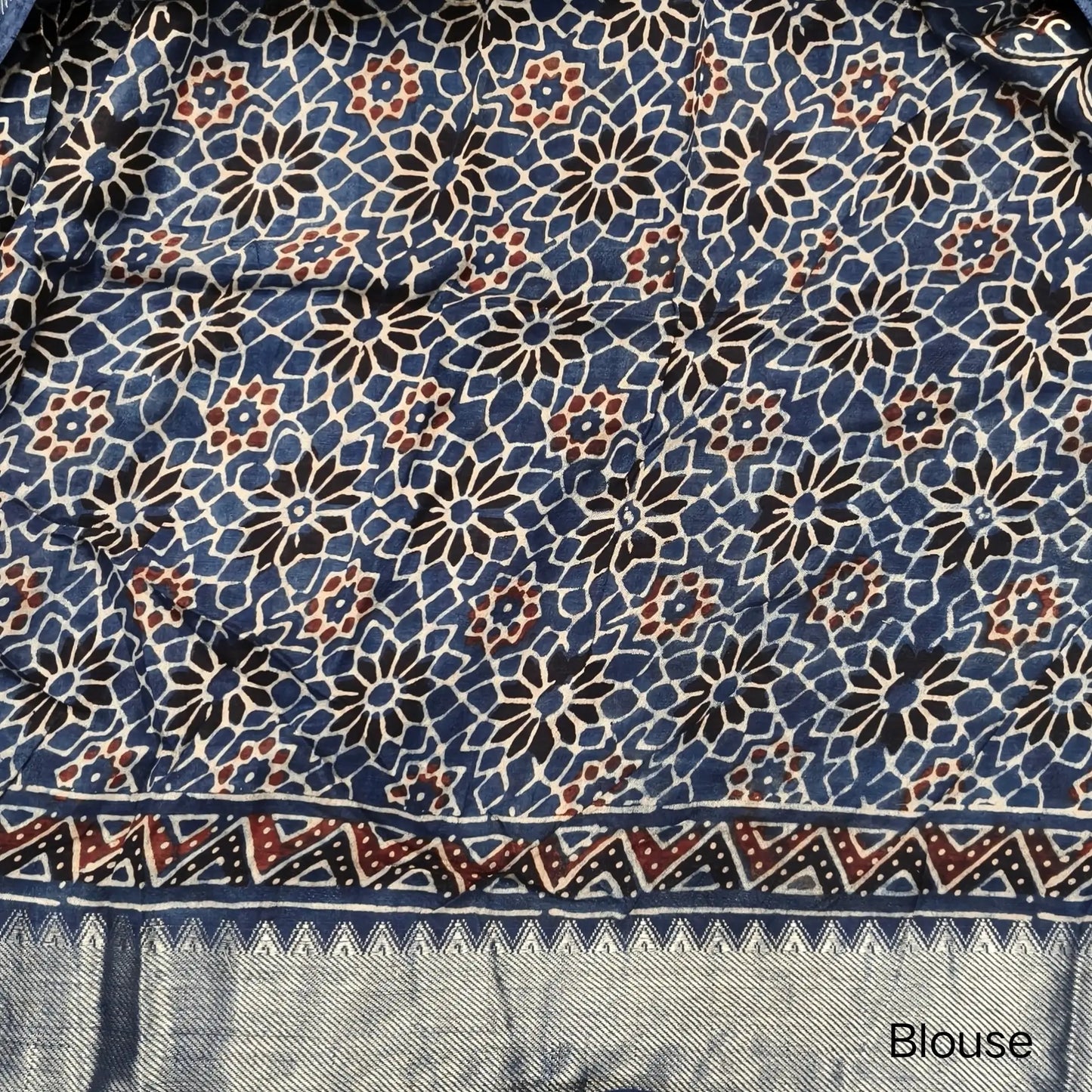 Indigo blue ajrak hand block printed pure dola silk saree, benarasi zari woven double side borders, hand block printed pallu, running blouse with borders.(DRY CLEAN RECOMMENDED  , MILD STAINS AND DYES ARE NOT DEFECTS). NS101
