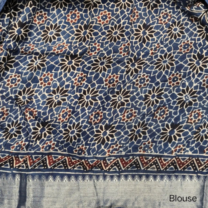 Indigo blue ajrak hand block printed pure dola silk saree, benarasi zari woven double side borders, hand block printed pallu, running blouse with borders.(DRY CLEAN RECOMMENDED  , MILD STAINS AND DYES ARE NOT DEFECTS). NS101