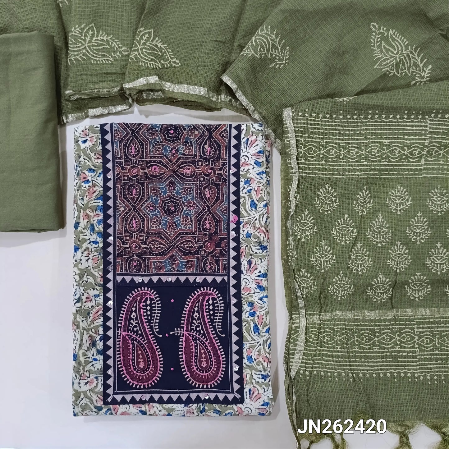 Olive green kalamkari hand block printed pure cotton unstitched salwar material,ajrak patch with hand embroidery ( Lining optional )matching cotton bottom,hand block printed kota silk cotton dupatta with gold tissue borders.JN262420