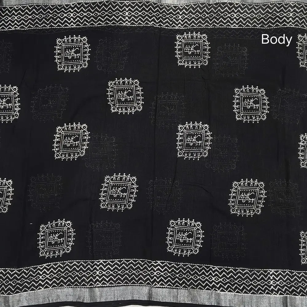 Black block printed linen cotton saree with double side silver zari borders (lightweight,soft) printed pallu with silver zari stripes, plain running blouse with borders. NS107