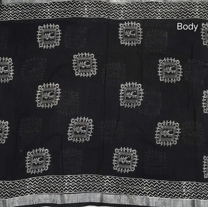 Black block printed linen cotton saree with double side silver zari borders (lightweight,soft) printed pallu with silver zari stripes, plain running blouse with borders. NS107