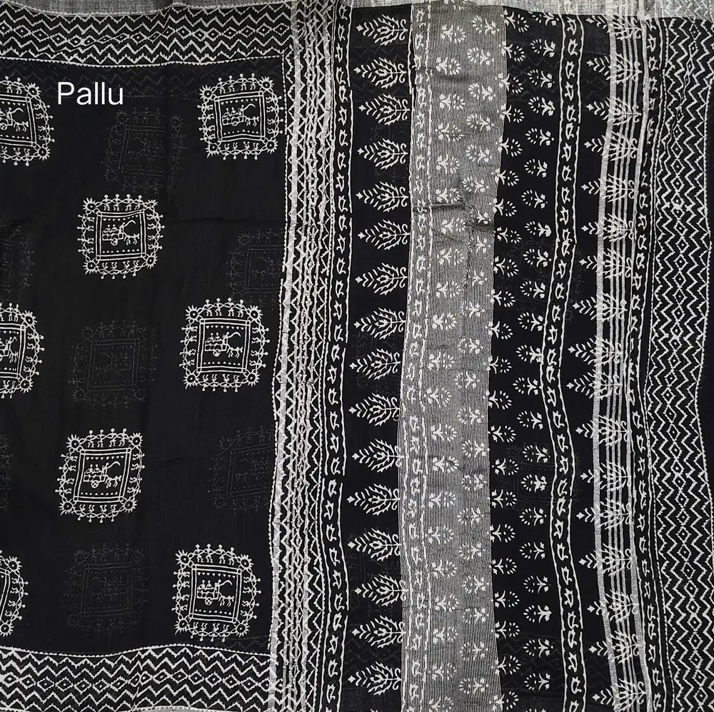 Black block printed linen cotton saree with double side silver zari borders (lightweight,soft) printed pallu with silver zari stripes, plain running blouse with borders. NS107