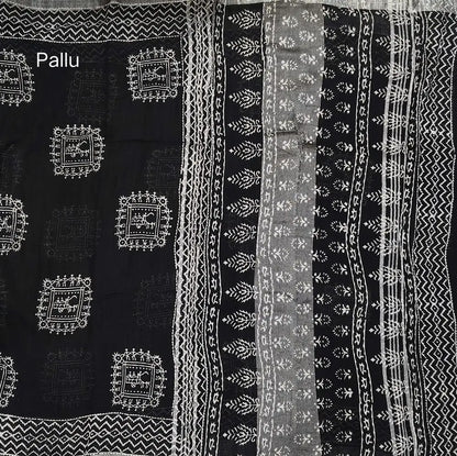 Black block printed linen cotton saree with double side silver zari borders (lightweight,soft) printed pallu with silver zari stripes, plain running blouse with borders. NS107