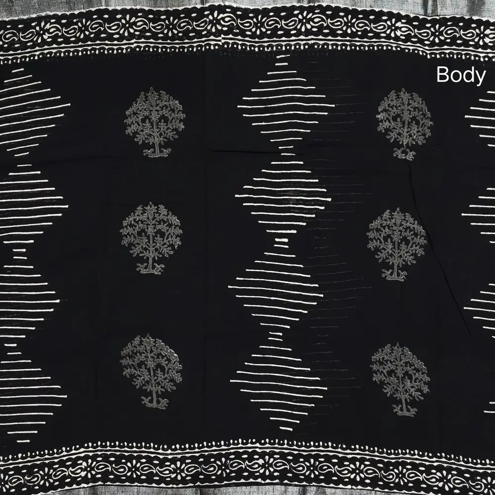 Black block printed linen cotton saree with double side silver zari borders (lightweight,soft) printed pallu with silver zari stripes, plain running blouse with borders. NS104