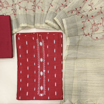 Designer Reddish Maroon slub silk cotton unstitched salwar material (lining needed) real mirror work on yoke, zari buttas allover, matching silky or silk cotton bottom, heavy embroidery beige silk cotton dupatta. DC250613